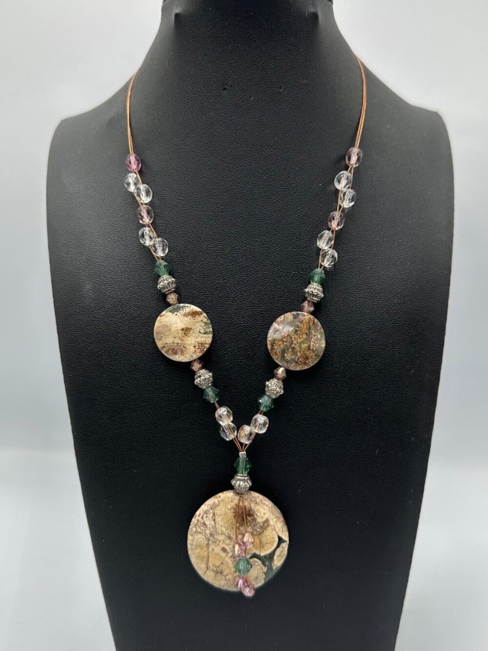 Jasper Pendant Necklace Beaded Wire Chain Round Natural Stone Bohemian 18"